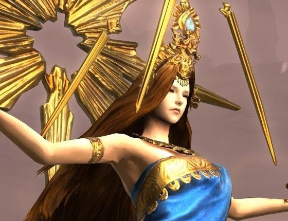 A brown-haired goddess robed in blue and gold with an elaborate gold headdress