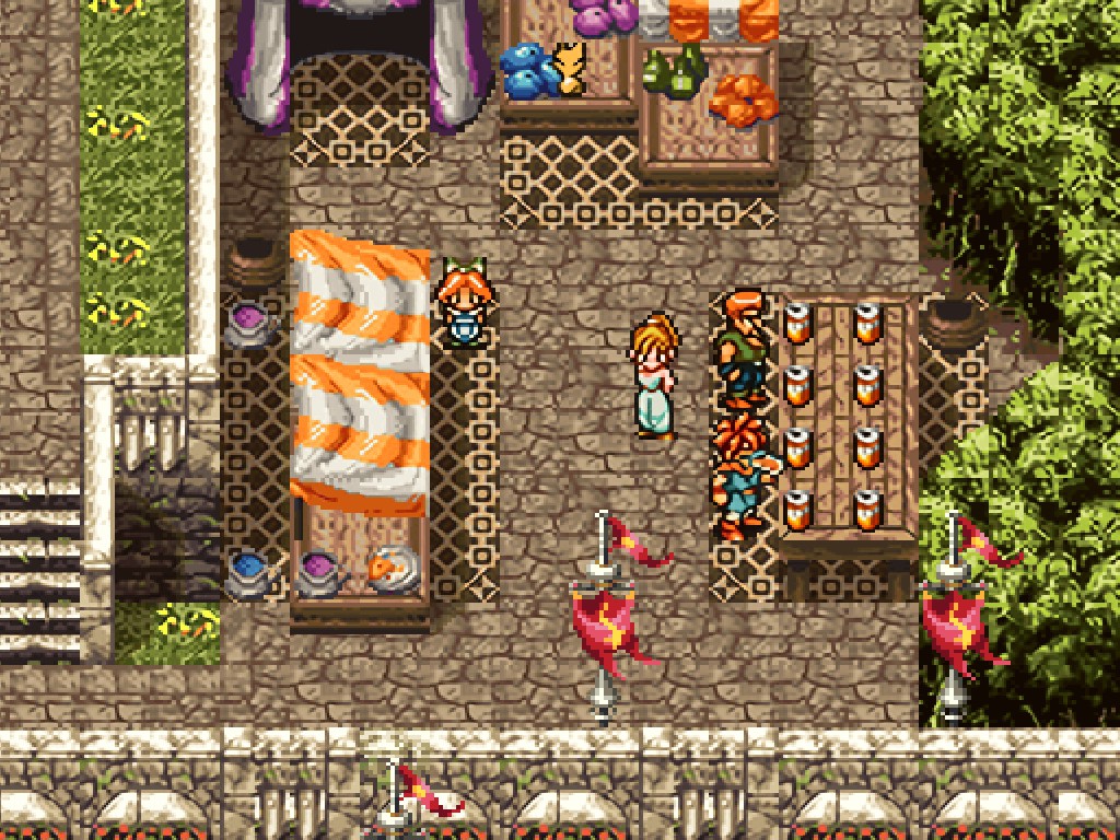 A screenshot from Chrono Trigger's Millennial Fair. A girl stands to the left of a table full of beer glasses.