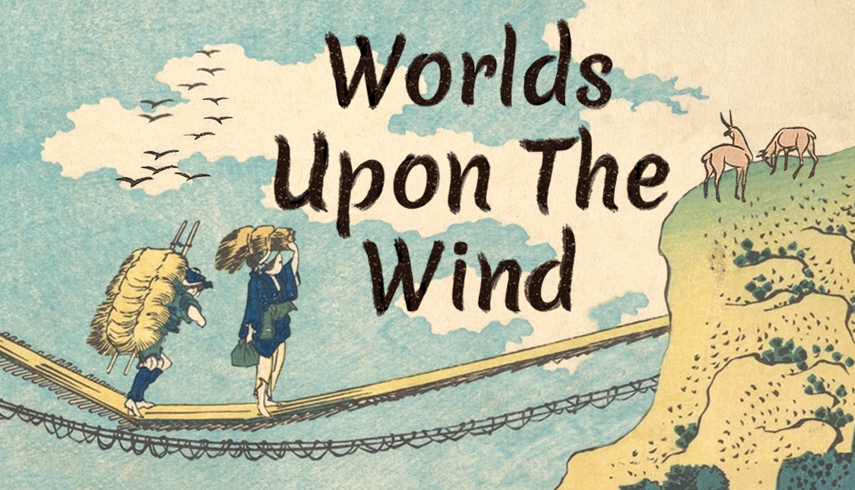Promo art for Worlds Upon the Wind by Max Shawabkeh showing two people standing on a bridge in Japanese classical art style. Worlds Upon the Wind review indie spotlight and dem den at Tails by the Foxfire